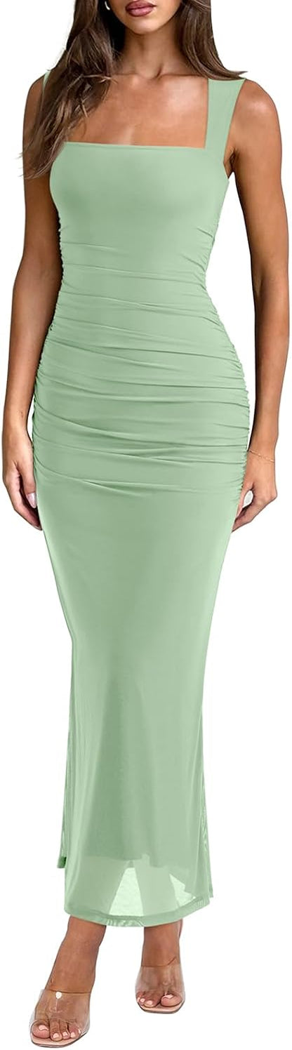 Mesh Square Neck Sleeveless Ruched Maxi Dress