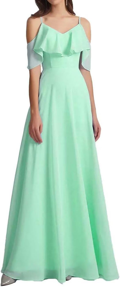 Chiffon V-Neck Off Shoulder Maxi Dress