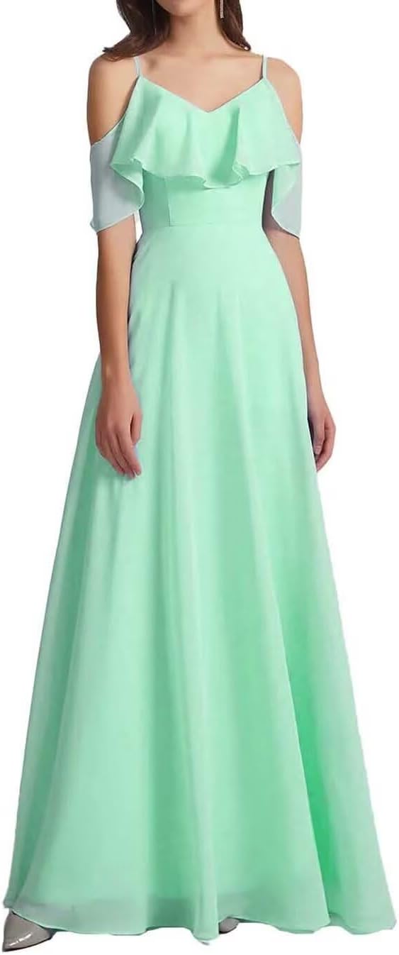 Chiffon V-Neck Off Shoulder Maxi Dress