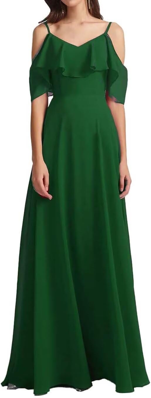 Chiffon V-Neck Off Shoulder Maxi Dress