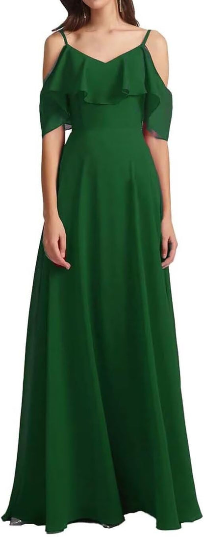 Chiffon V-Neck Off Shoulder Maxi Dress