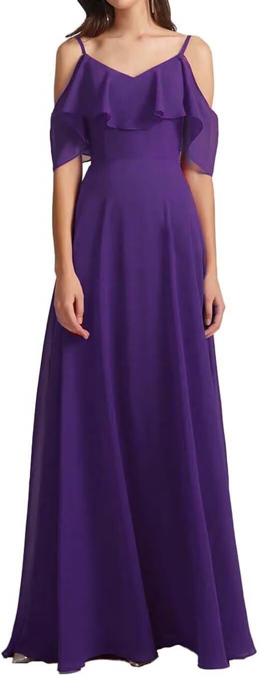 Chiffon V-Neck Off Shoulder Maxi Dress