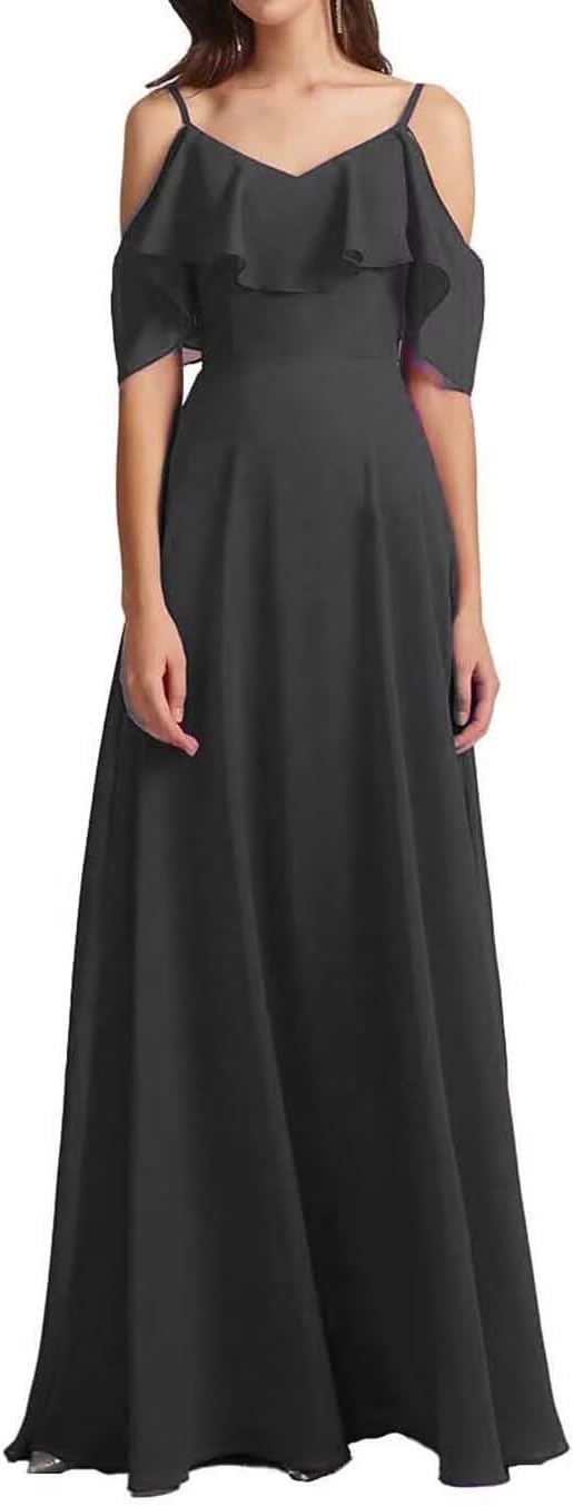 Chiffon V-Neck Off Shoulder Maxi Dress