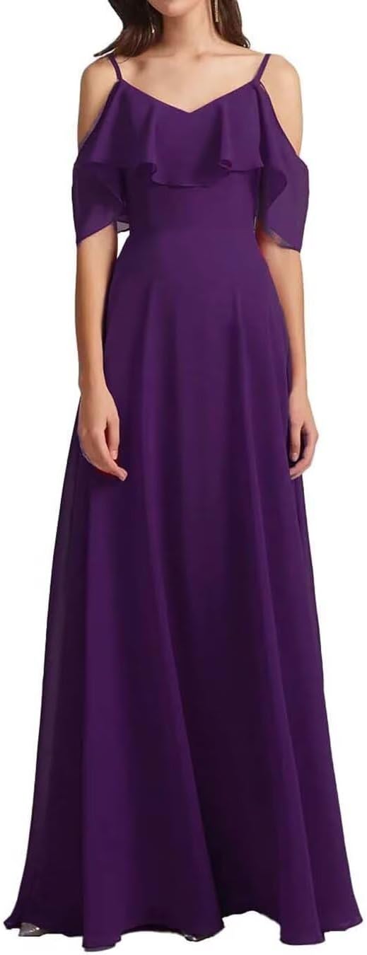 Chiffon V-Neck Off Shoulder Maxi Dress