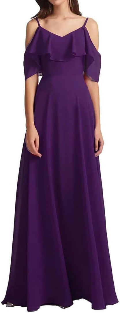 Chiffon V-Neck Off Shoulder Maxi Dress