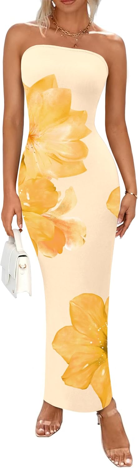 Floral Mesh Strapless Bodycon Maxi Dress