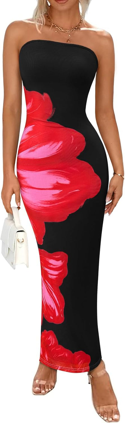 Floral Mesh Strapless Bodycon Maxi Dress
