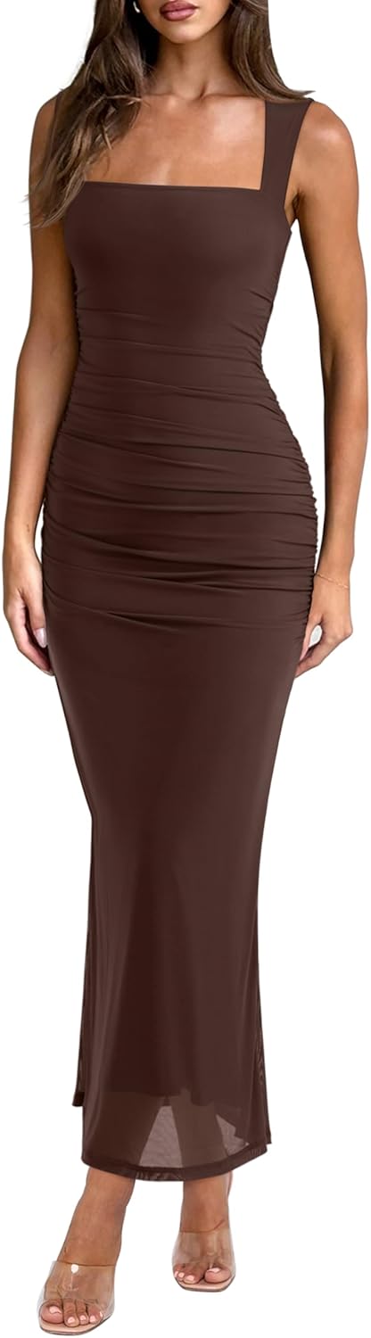 Mesh Square Neck Sleeveless Ruched Maxi Dress
