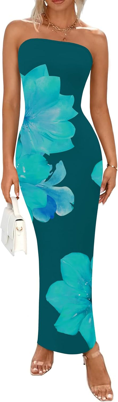 Floral Mesh Strapless Bodycon Maxi Dress