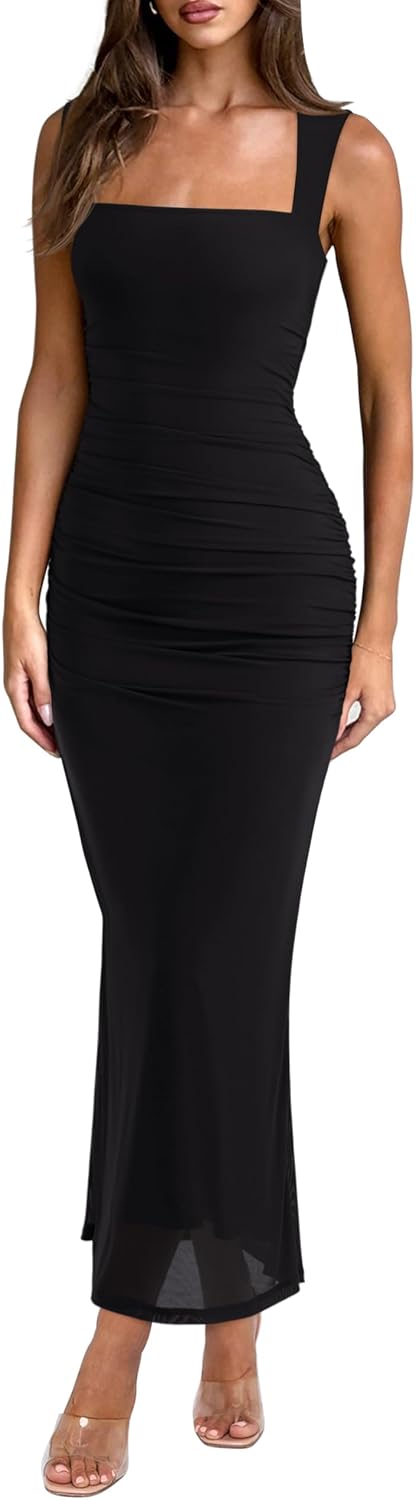 Mesh Square Neck Sleeveless Ruched Maxi Dress