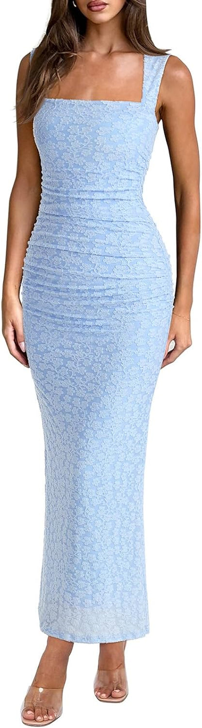 Mesh Square Neck Sleeveless Ruched Maxi Dress