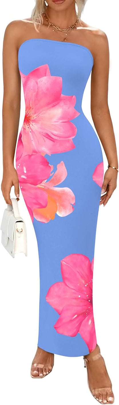 Floral Mesh Strapless Bodycon Maxi Dress