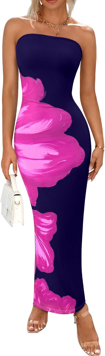 Floral Mesh Strapless Bodycon Maxi Dress
