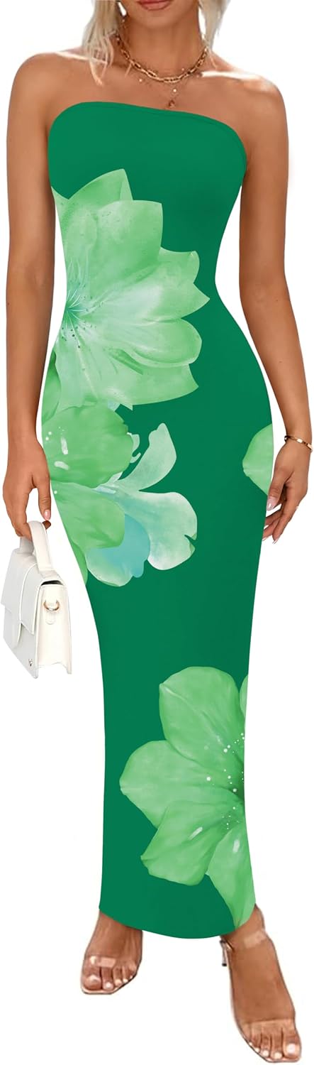 Floral Mesh Strapless Bodycon Maxi Dress