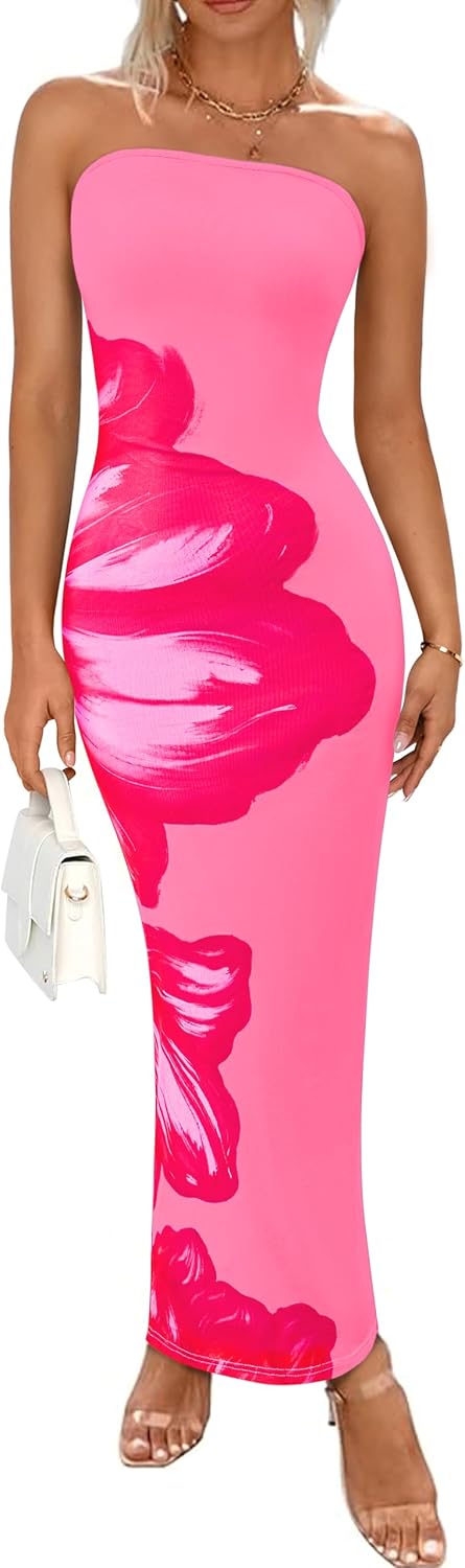 Floral Mesh Strapless Bodycon Maxi Dress