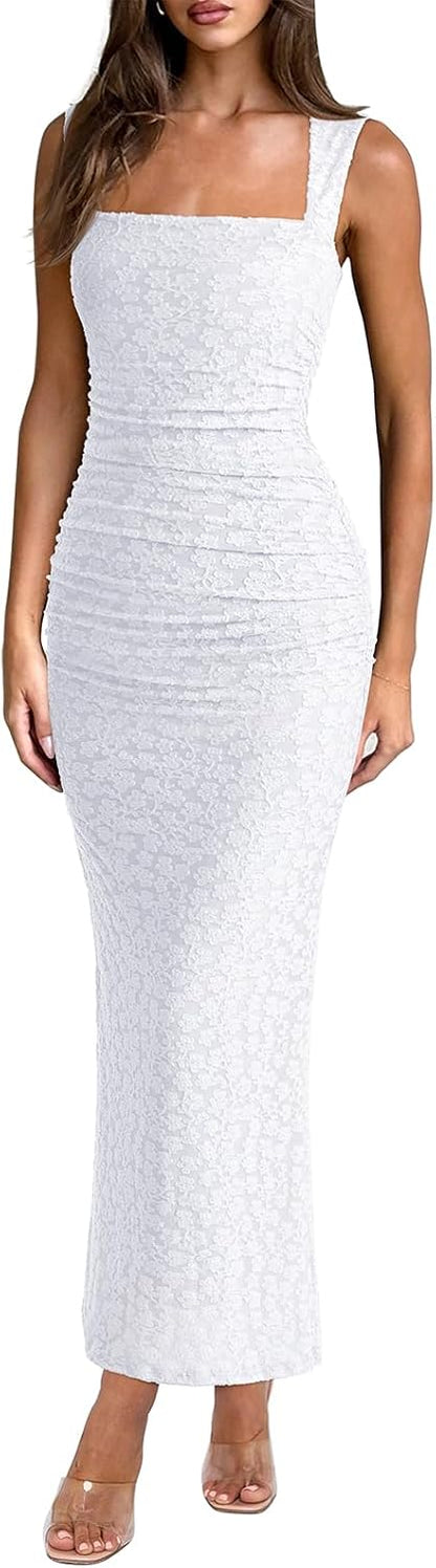 Mesh Square Neck Sleeveless Ruched Maxi Dress