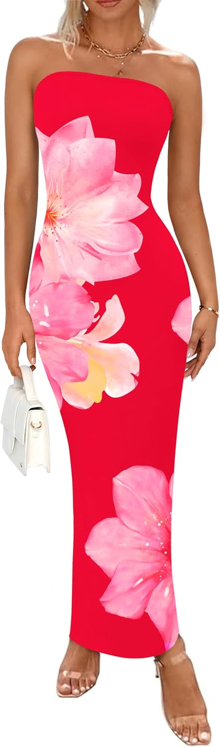 Floral Mesh Strapless Bodycon Maxi Dress