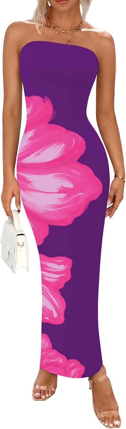 Floral Mesh Strapless Bodycon Maxi Dress