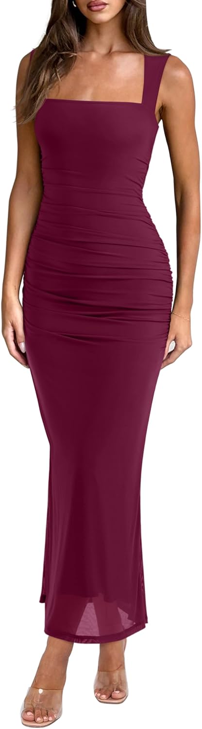 Mesh Square Neck Sleeveless Ruched Maxi Dress