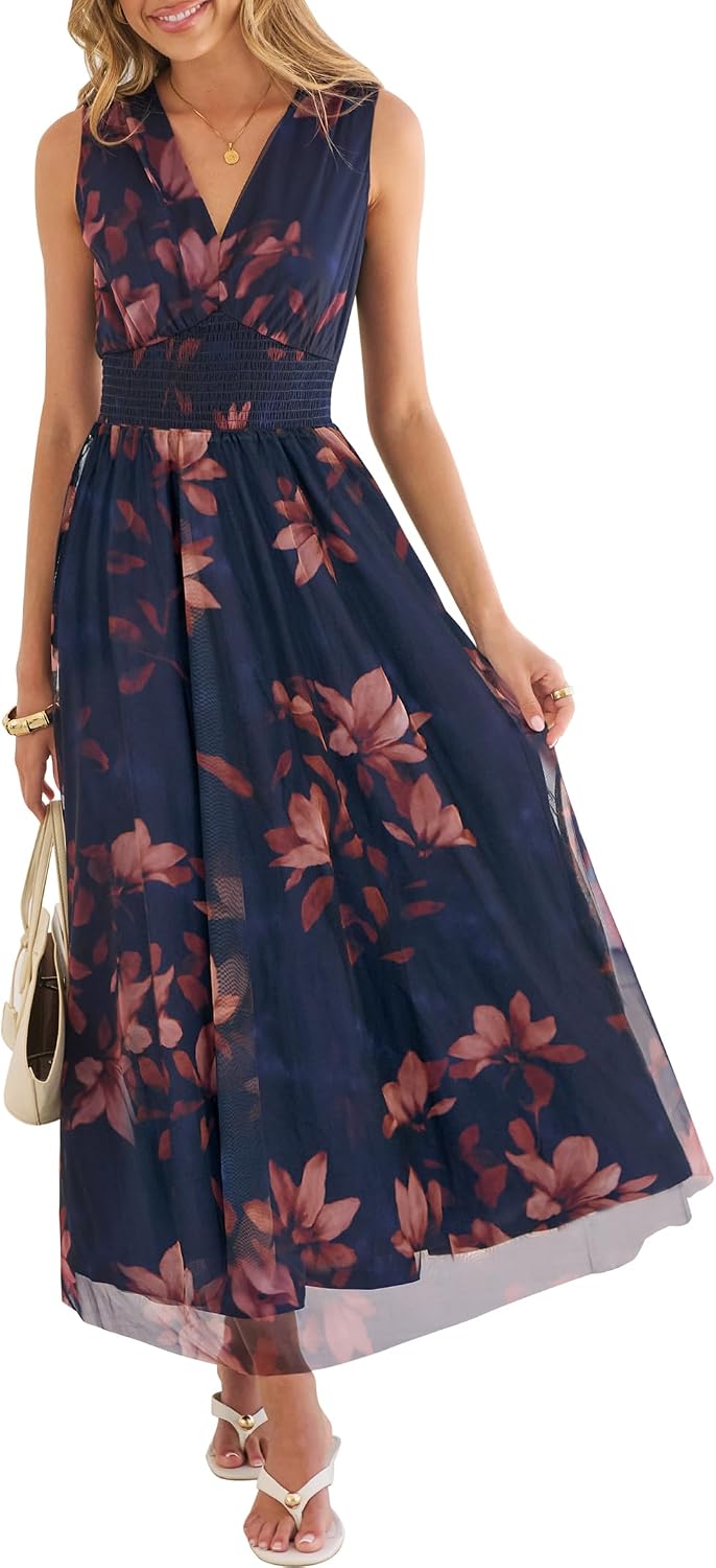 Boho Floral Tulle V-Neck Maxi Dress