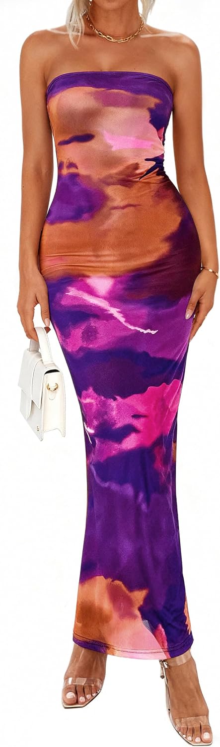 Floral Mesh Strapless Bodycon Maxi Dress