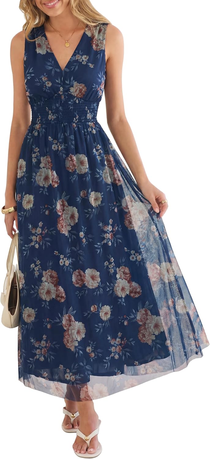 Boho Floral Tulle V-Neck Maxi Dress