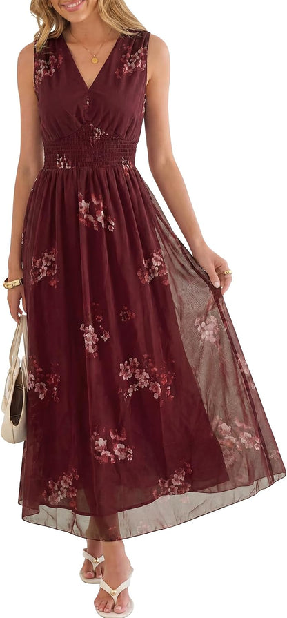 Boho Floral Tulle V-Neck Maxi Dress