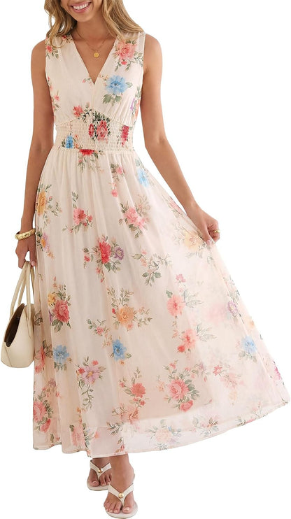Boho Floral Tulle V-Neck Maxi Dress