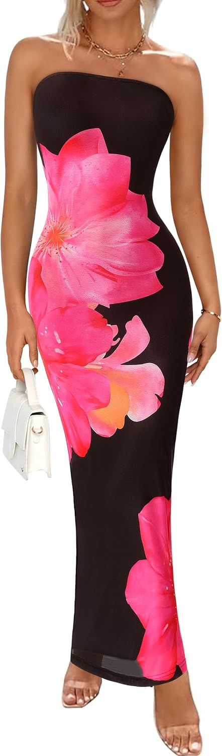 Floral Mesh Strapless Bodycon Maxi Dress