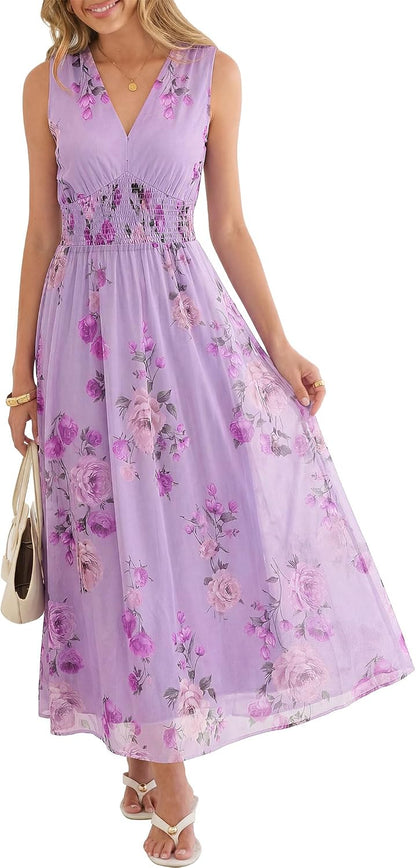 Boho Floral Tulle V-Neck Maxi Dress