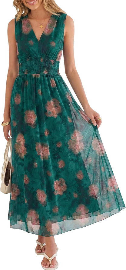 Boho Floral Tulle V-Neck Maxi Dress