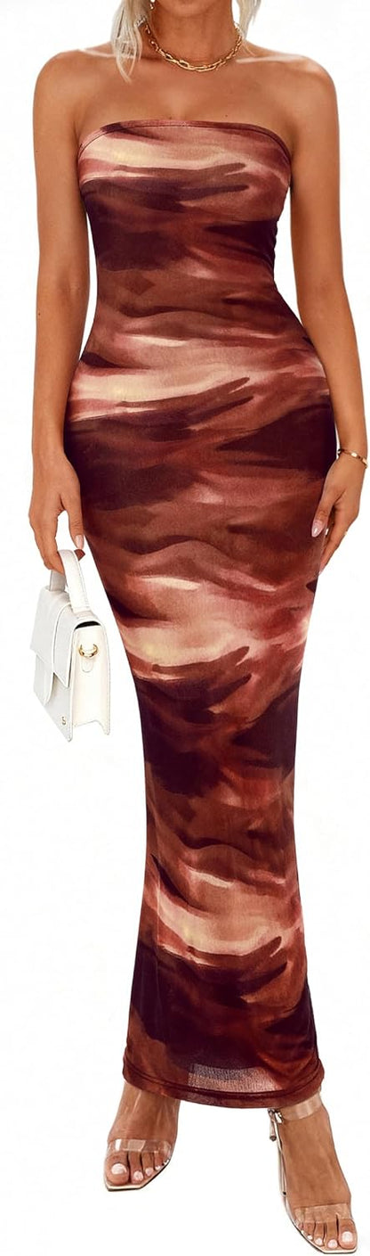 Floral Mesh Strapless Bodycon Maxi Dress