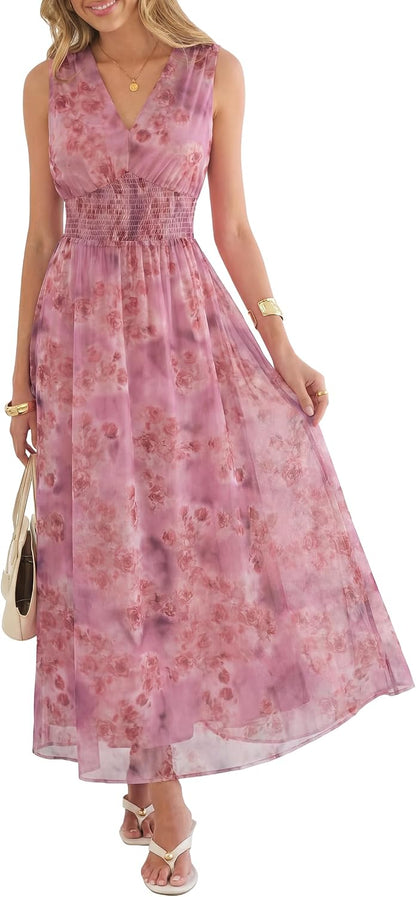 Boho Floral Tulle V-Neck Maxi Dress