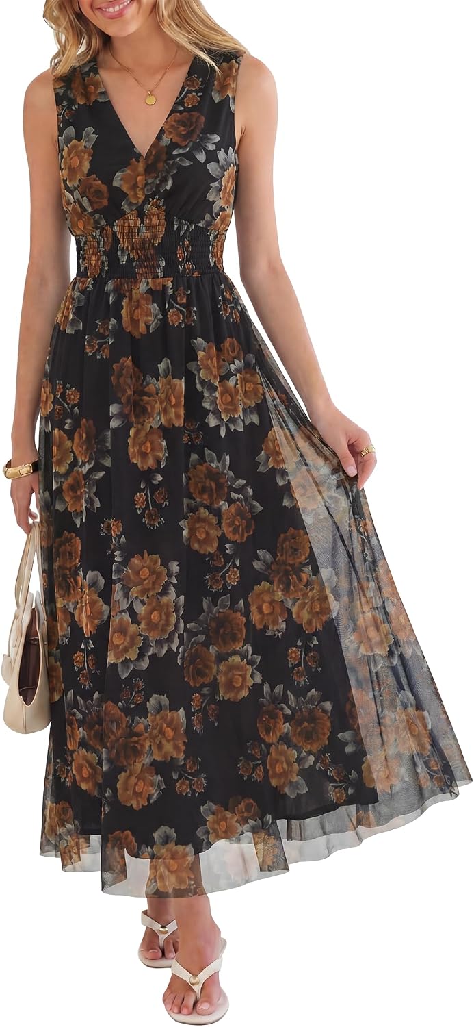 Boho Floral Tulle V-Neck Maxi Dress
