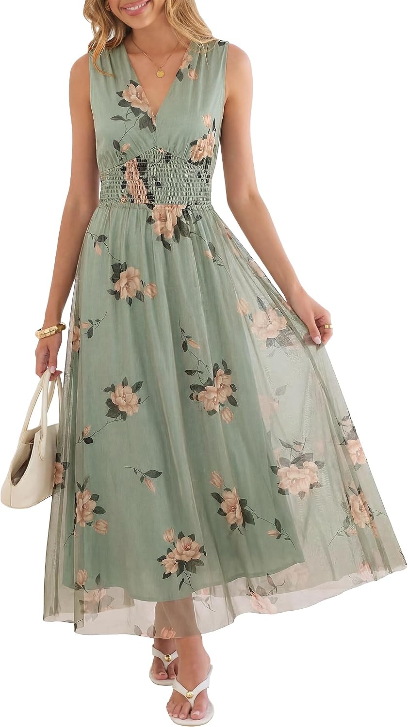Boho Floral Tulle V-Neck Maxi Dress