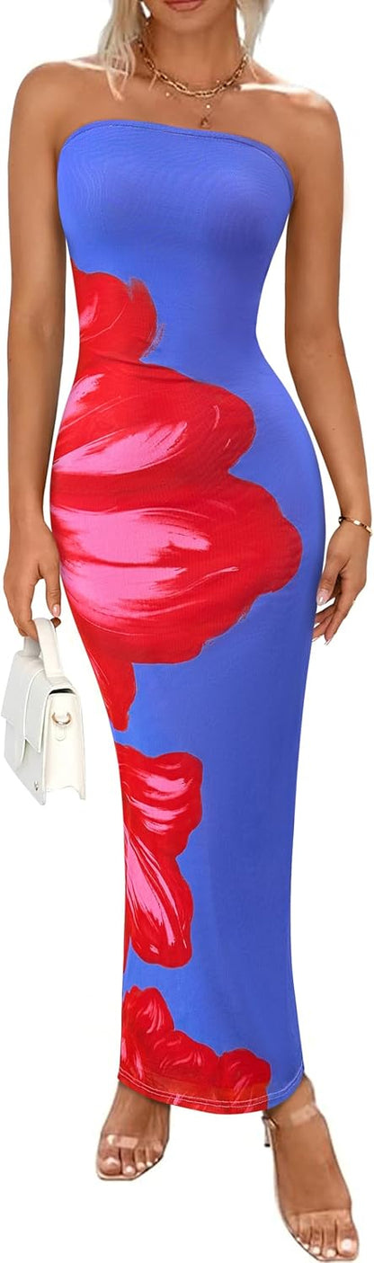Floral Mesh Strapless Bodycon Maxi Dress