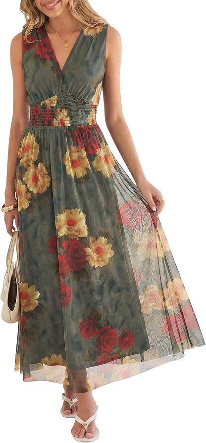 Boho Floral Tulle V-Neck Maxi Dress
