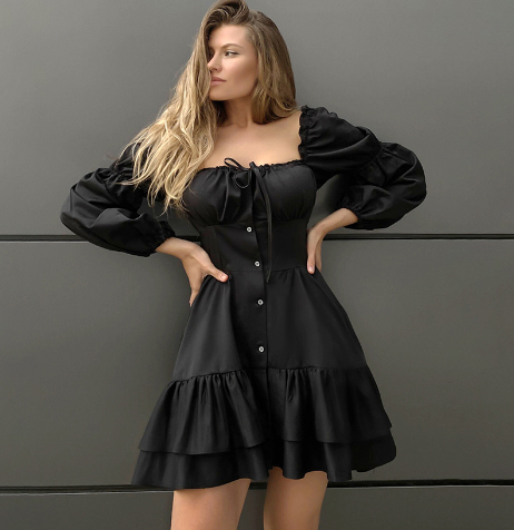 Button Mini Dress with Square Neck and Flare Sleeves