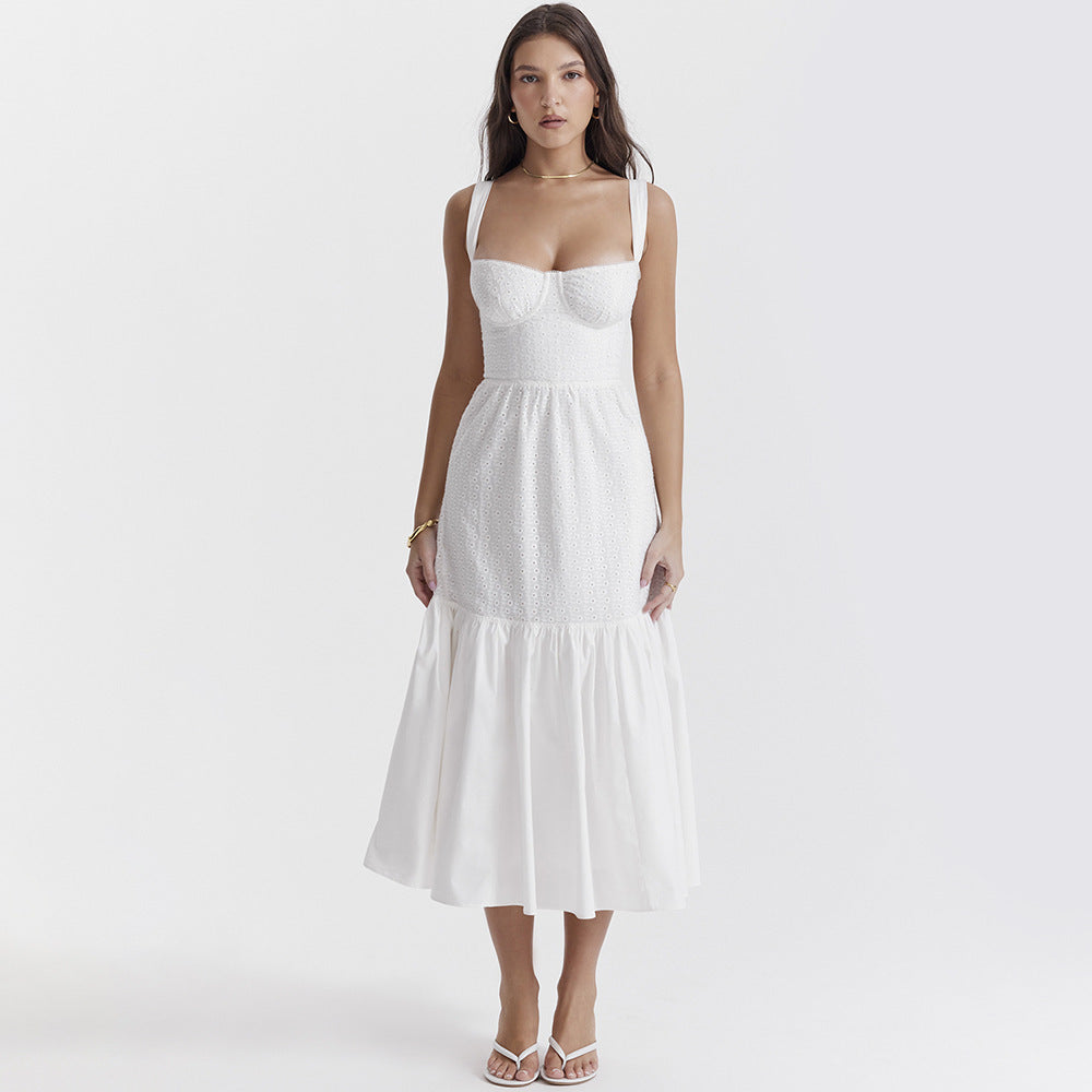 Cotton Linen Jacquard Midi White Dress for Women