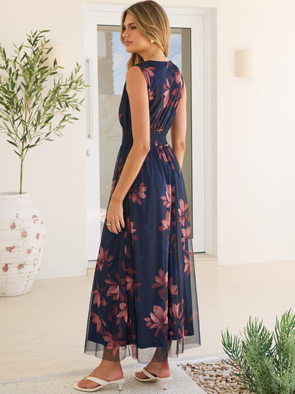 Boho Floral Tulle V-Neck Maxi Dress