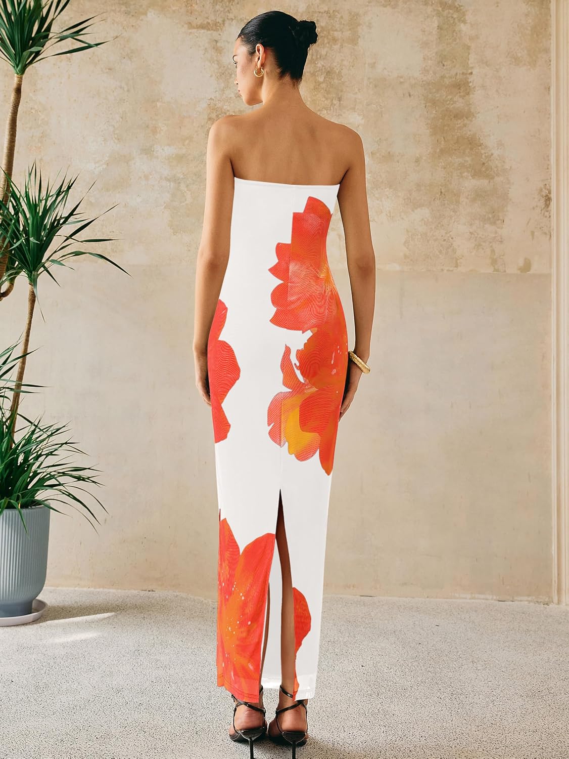 Floral Mesh Strapless Bodycon Maxi Dress