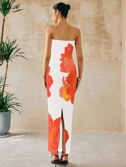 Floral Mesh Strapless Bodycon Maxi Dress
