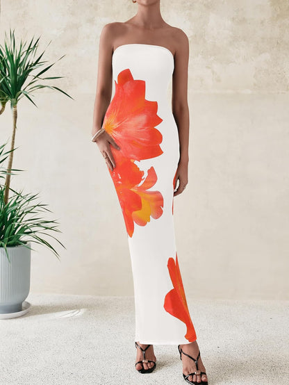 Floral Mesh Strapless Bodycon Maxi Dress