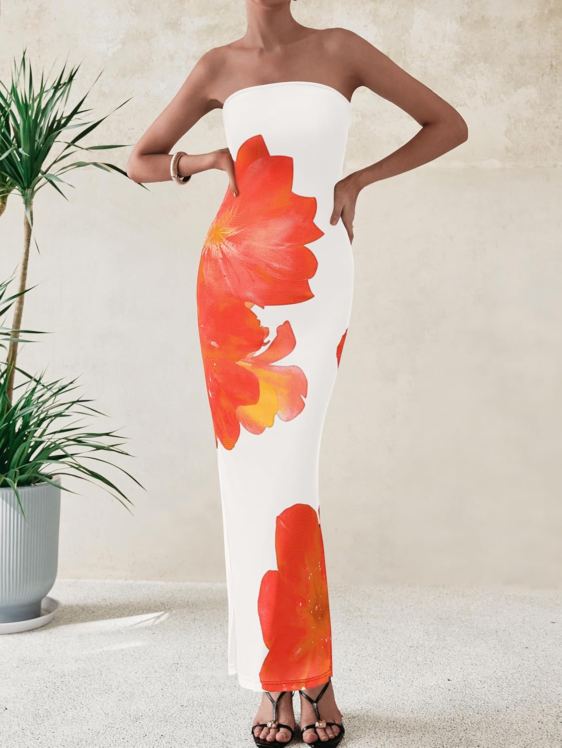 Floral Mesh Strapless Bodycon Maxi Dress