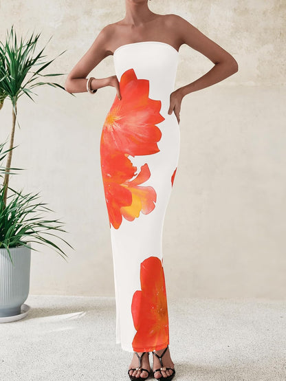Floral Mesh Strapless Bodycon Maxi Dress