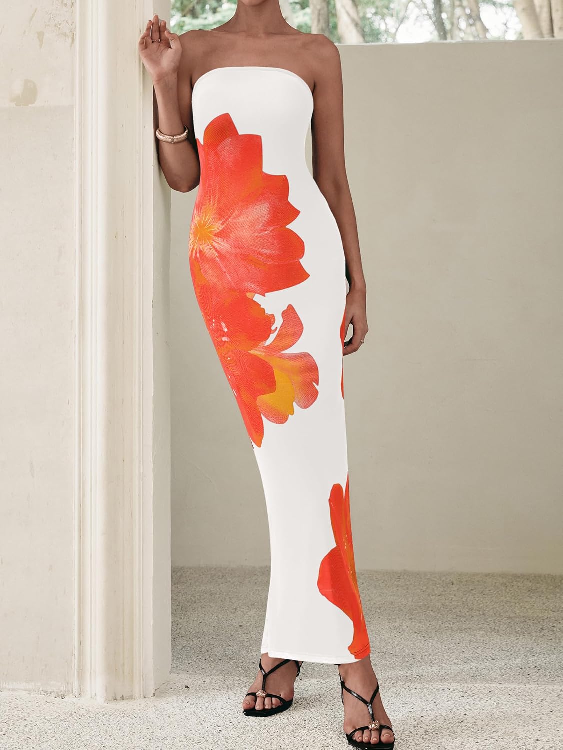 Floral Mesh Strapless Bodycon Maxi Dress