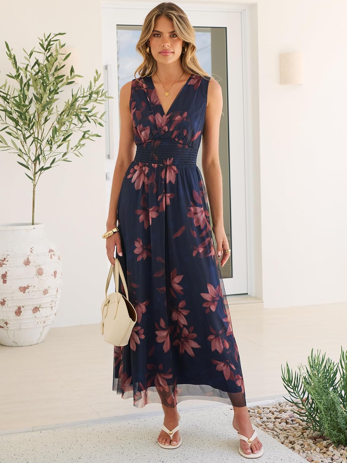 Boho Floral Tulle V-Neck Maxi Dress