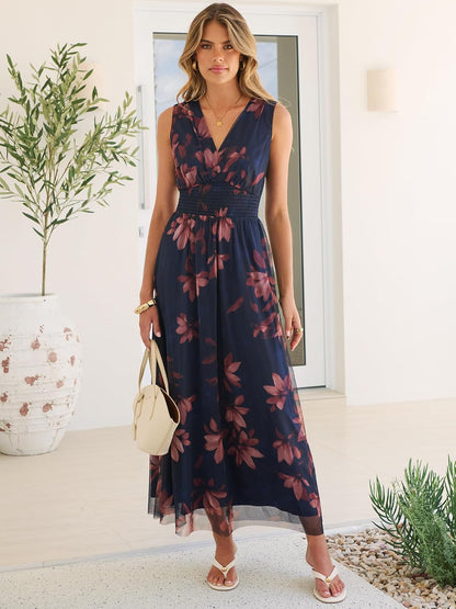 Boho Floral Tulle V-Neck Maxi Dress