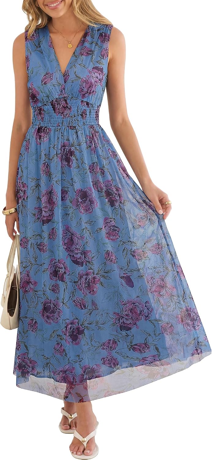 Boho Floral Tulle V-Neck Maxi Dress