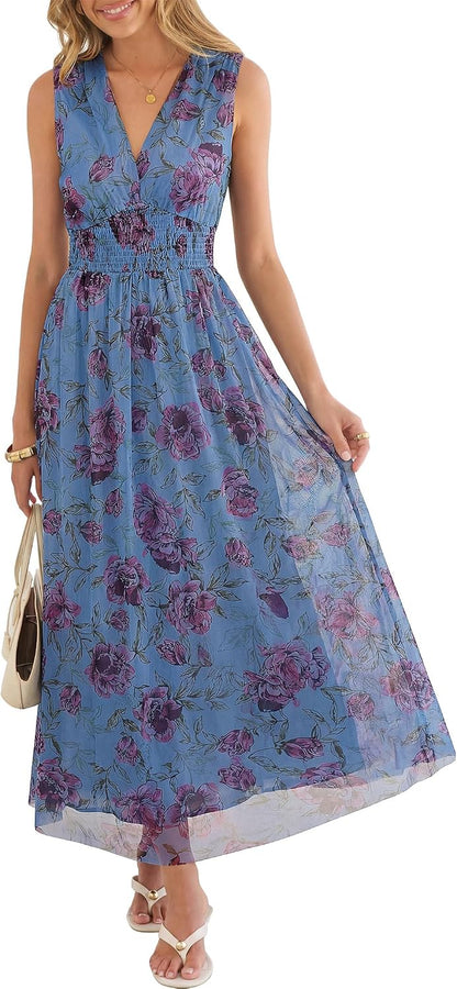 Boho Floral Tulle V-Neck Maxi Dress